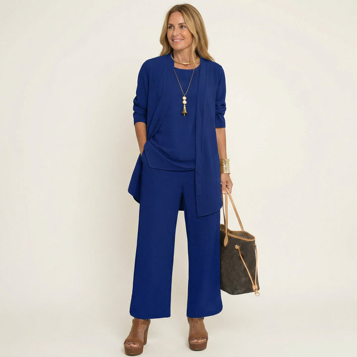Marijne dreiteiliges Set mit Strickjacke, Top und weitem Hose