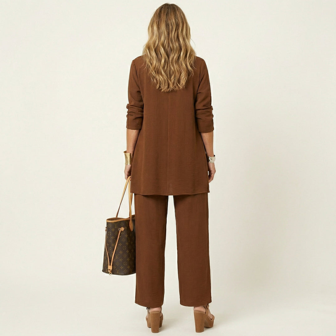 Marijne dreiteiliges Set mit Strickjacke, Top und weitem Hose