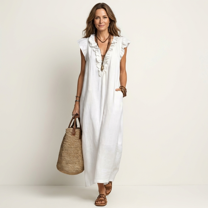 Maxi-Leinenkleid mit Volants