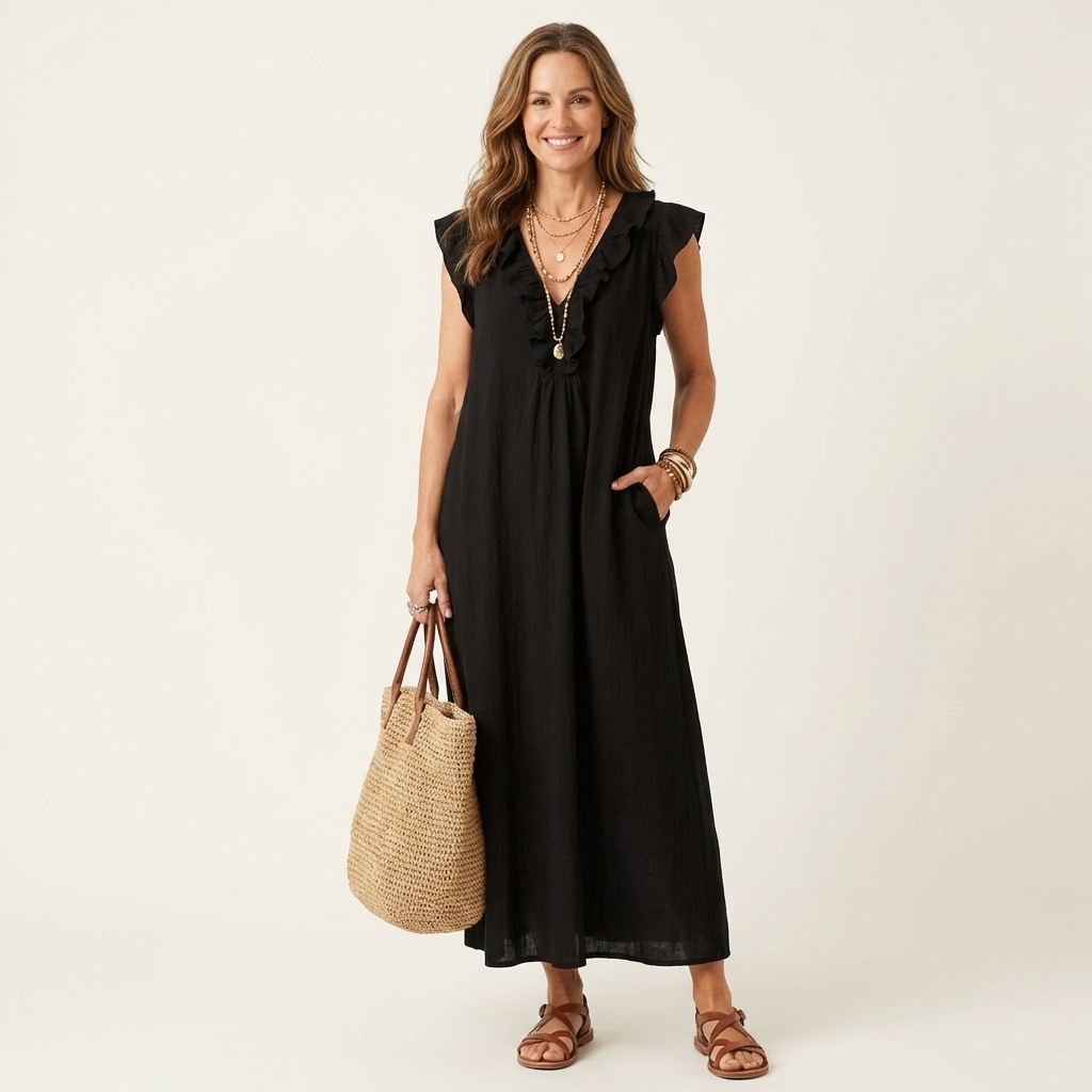 Maxi-Leinenkleid mit Volants