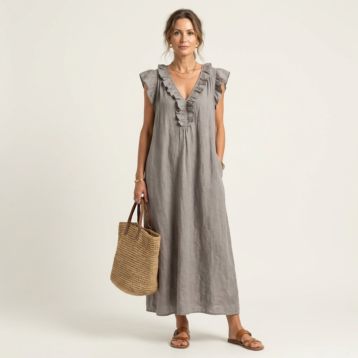 Maxi-Leinenkleid mit Volants