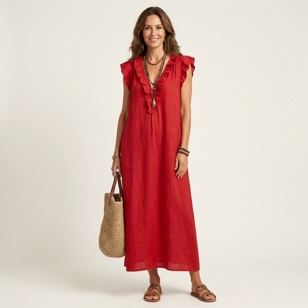 Maxi-Leinenkleid mit Volants