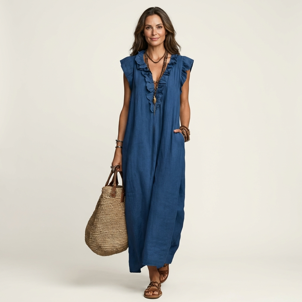 Maxi-Leinenkleid mit Volants