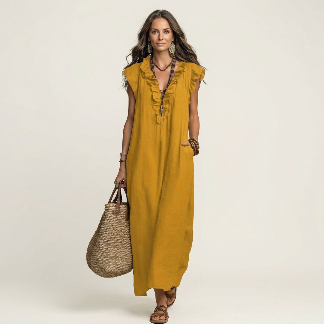 Maxi-Leinenkleid mit Volants