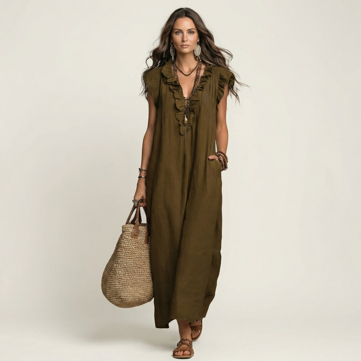 Maxi-Leinenkleid mit Volants