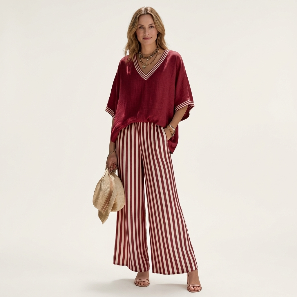 Lidewij Set mit V-Ausschnitt Top und gestreifter Hose