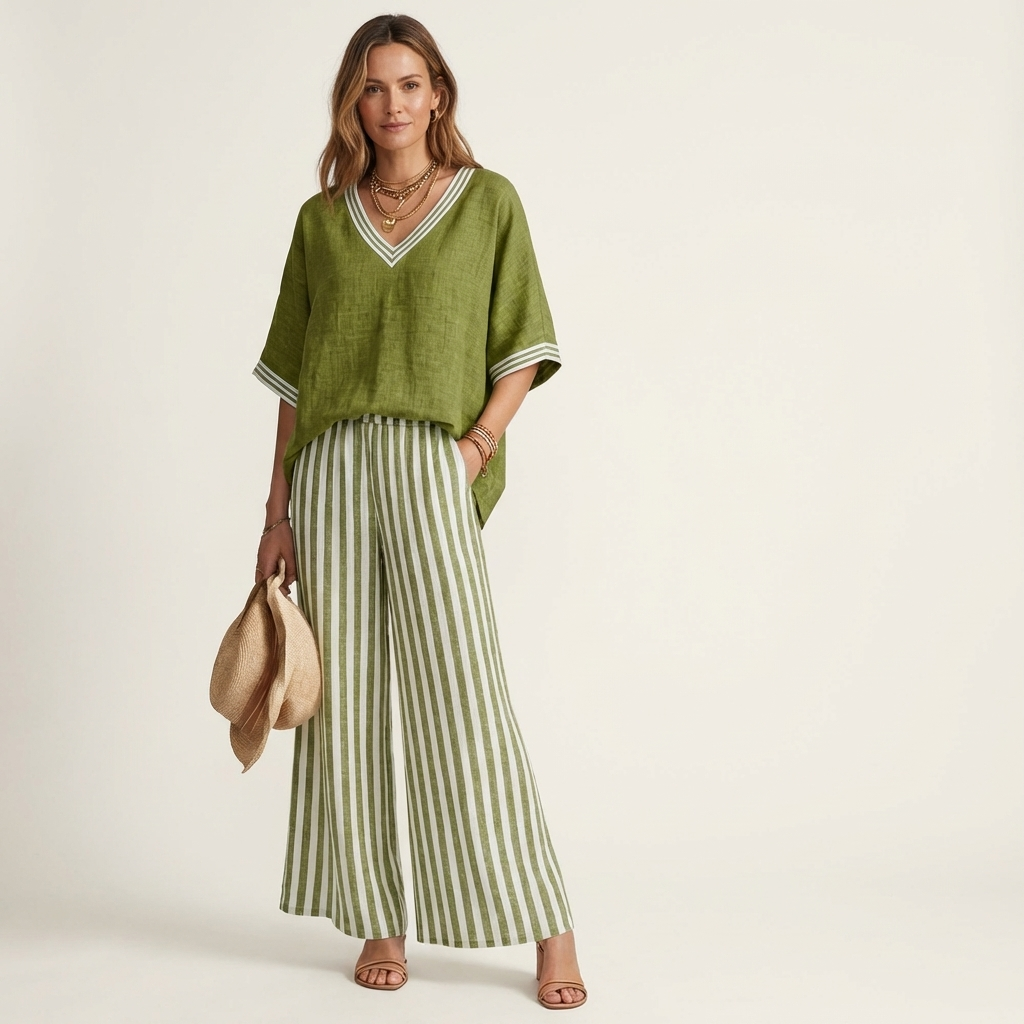 Lidewij Set mit V-Ausschnitt Top und gestreifter Hose