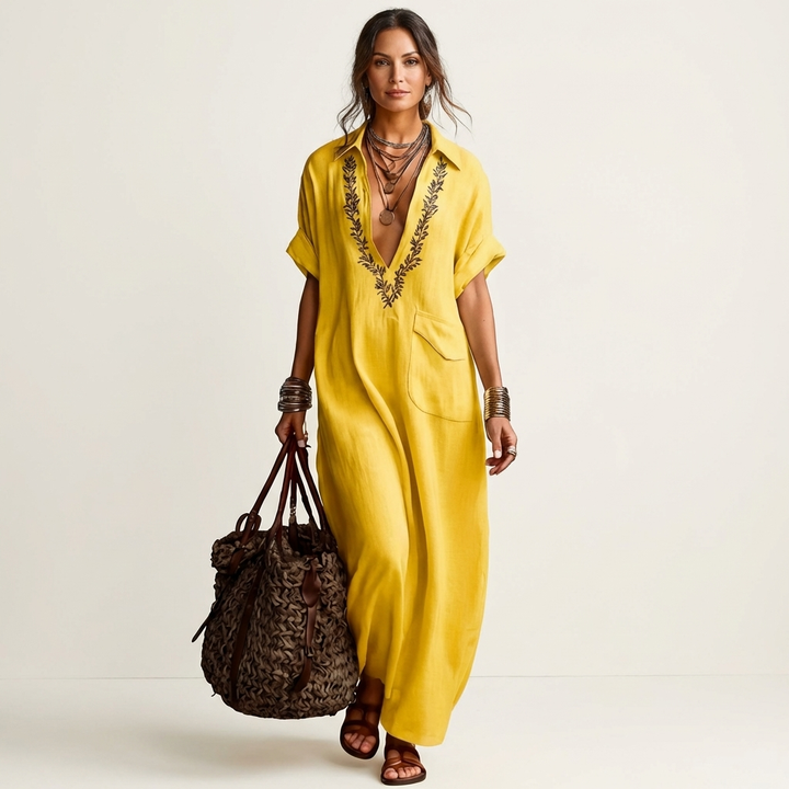 Maxi Leinenkleid mit Stickerei