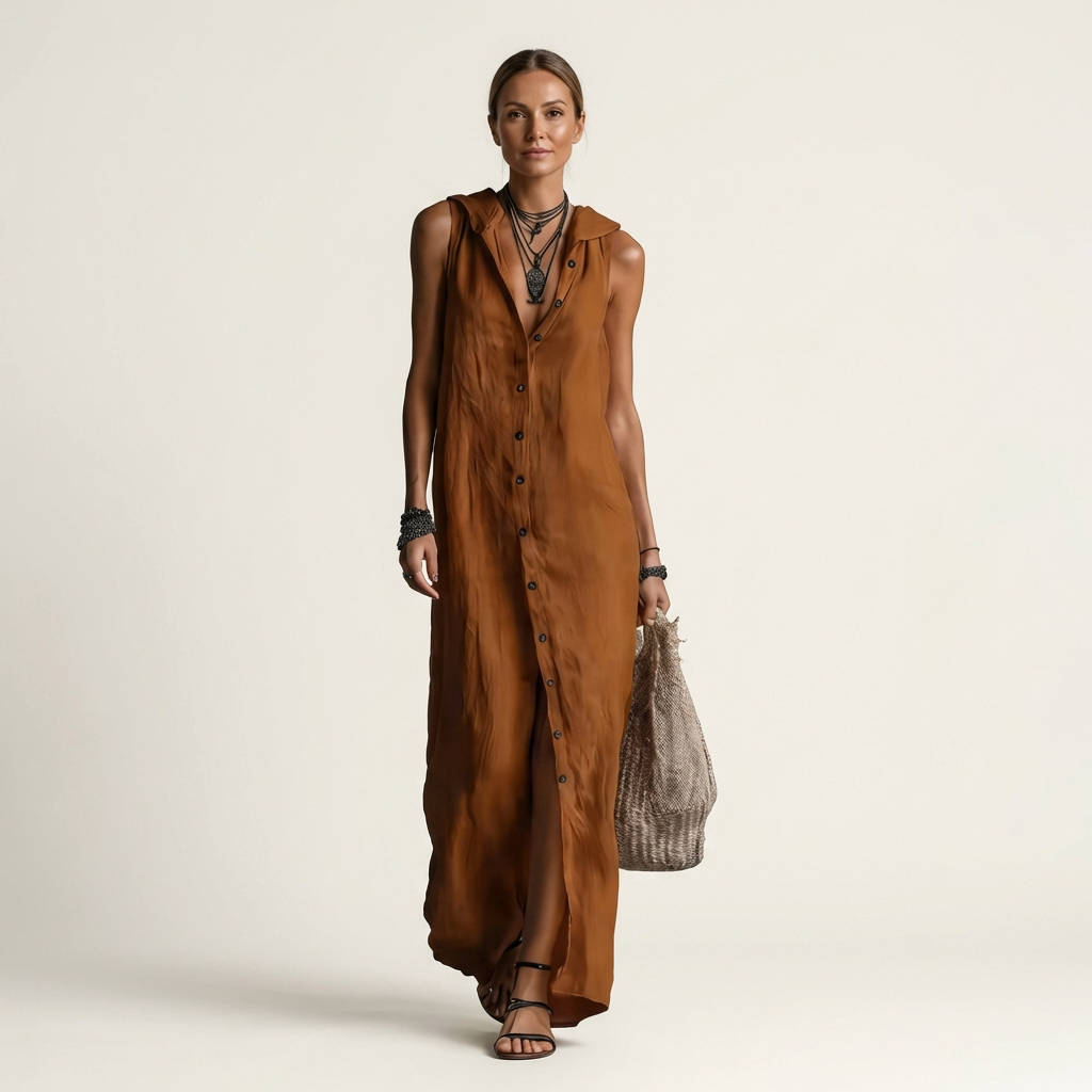 Maxikleid aus Leinen mit Kapuze