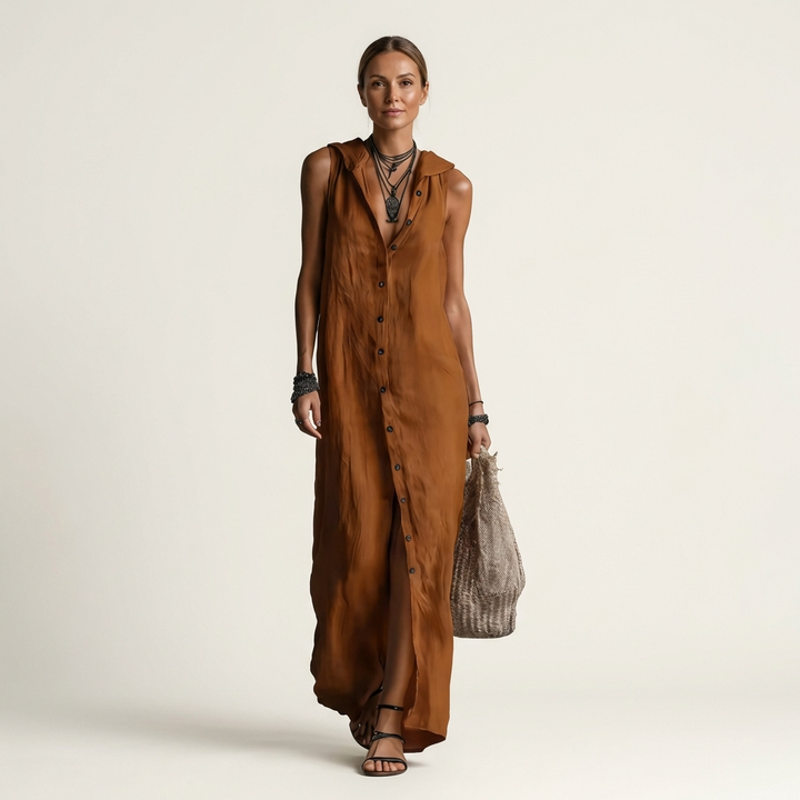 Maxikleid aus Leinen mit Kapuze