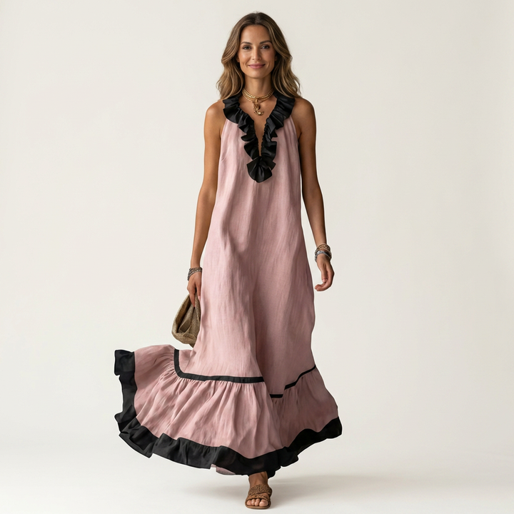 Janke ärmelloses Maxikleid mit Rüschen und Kontrastbesatz