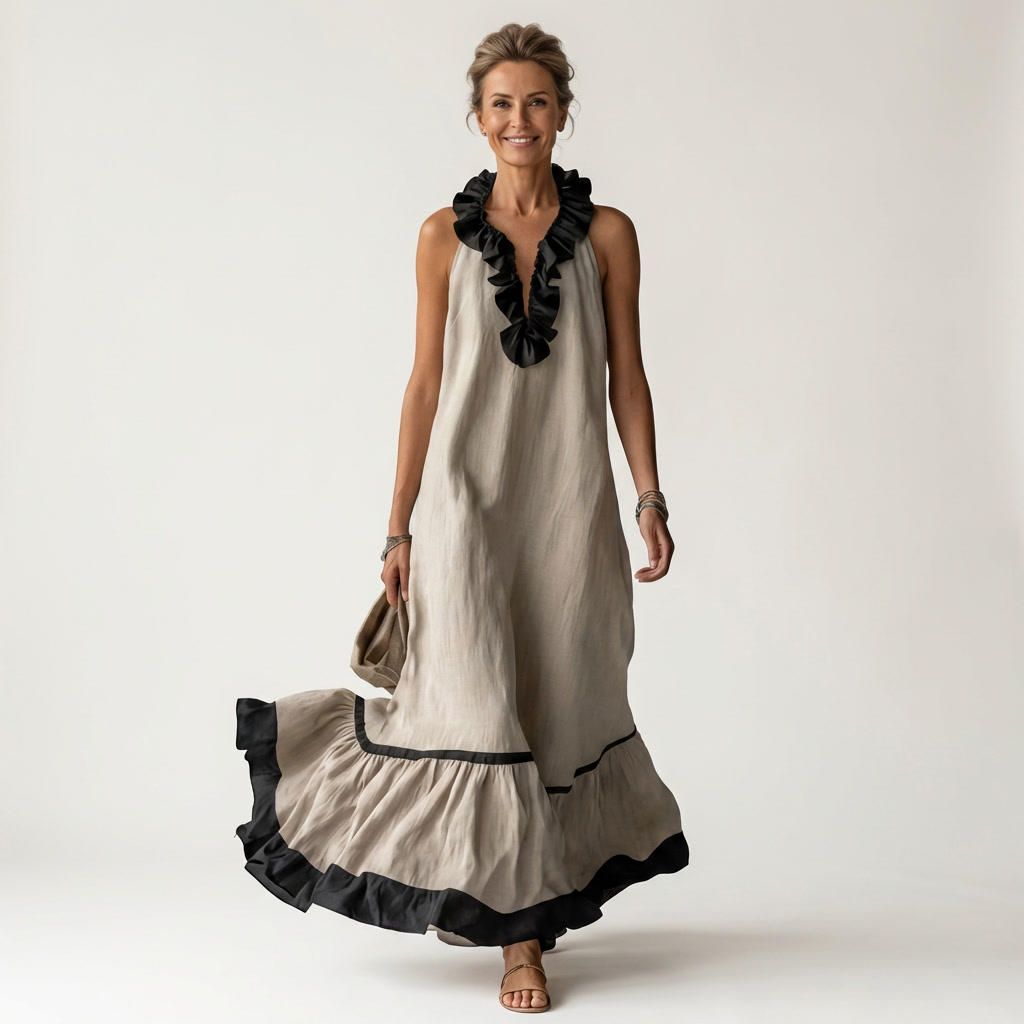 Janke ärmelloses Maxikleid mit Rüschen und Kontrastbesatz