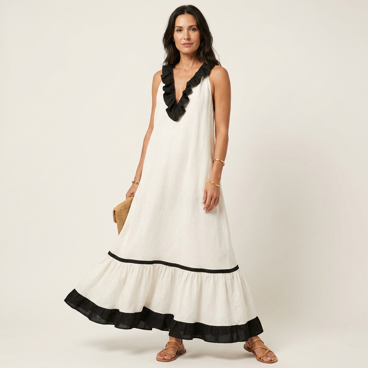 Janke ärmelloses Maxikleid mit Rüschen und Kontrastbesatz