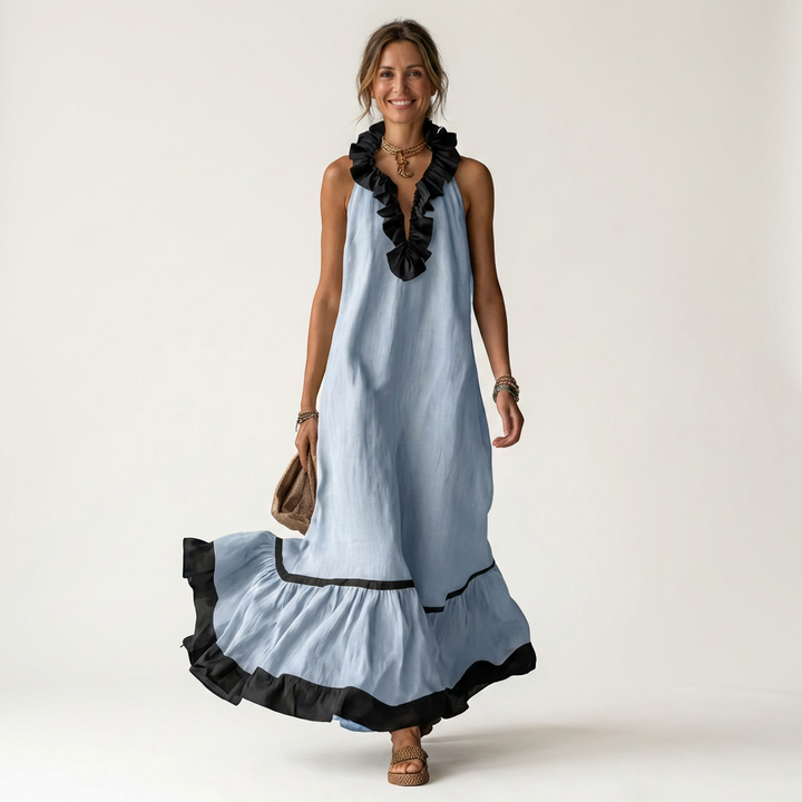 Janke ärmelloses Maxikleid mit Rüschen und Kontrastbesatz