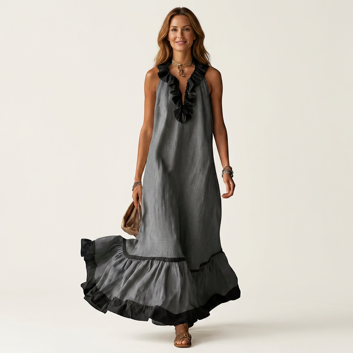 Janke ärmelloses Maxikleid mit Rüschen und Kontrastbesatz