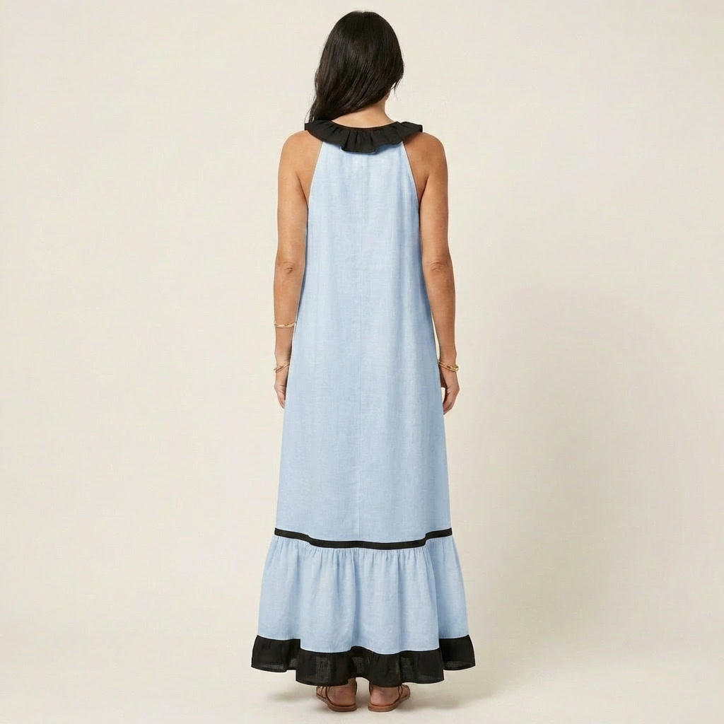 Janke ärmelloses Maxikleid mit Rüschen und Kontrastbesatz