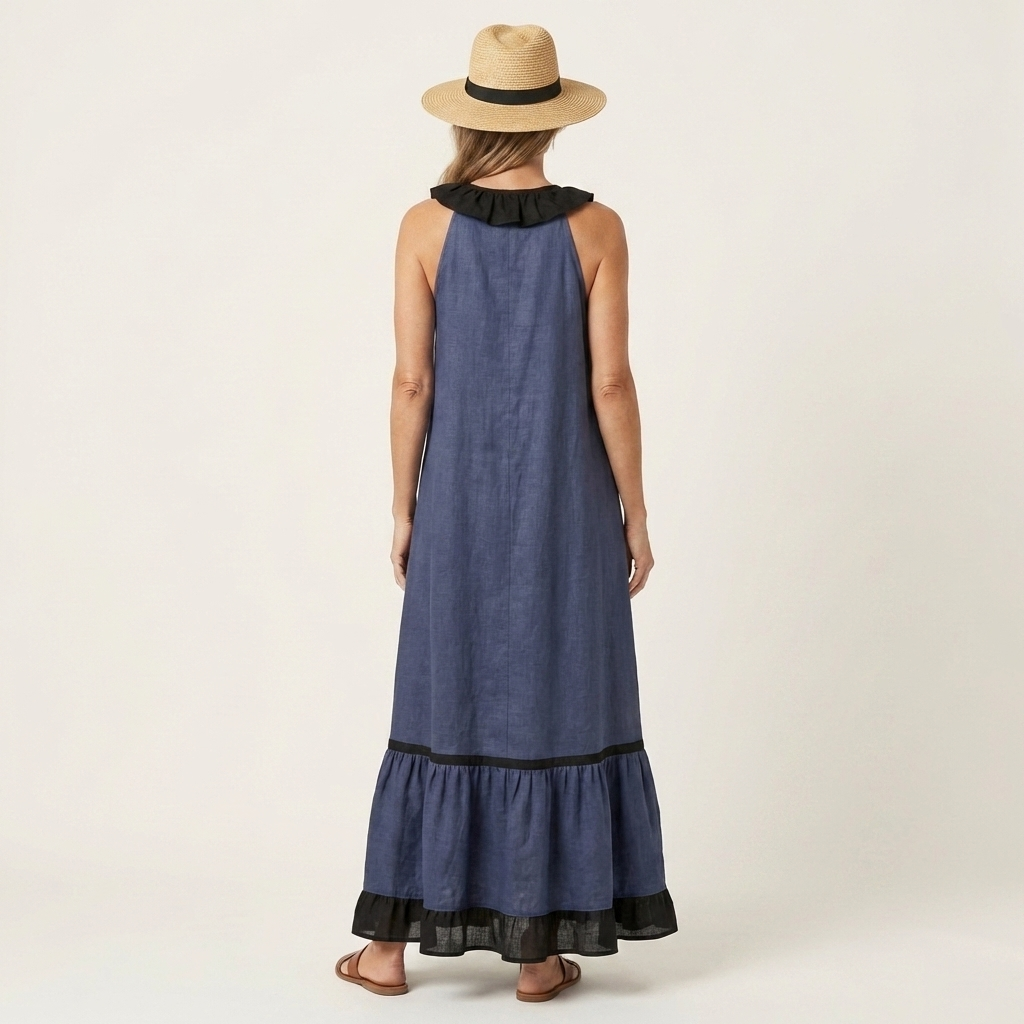 Janke ärmelloses Maxikleid mit Rüschen und Kontrastbesatz