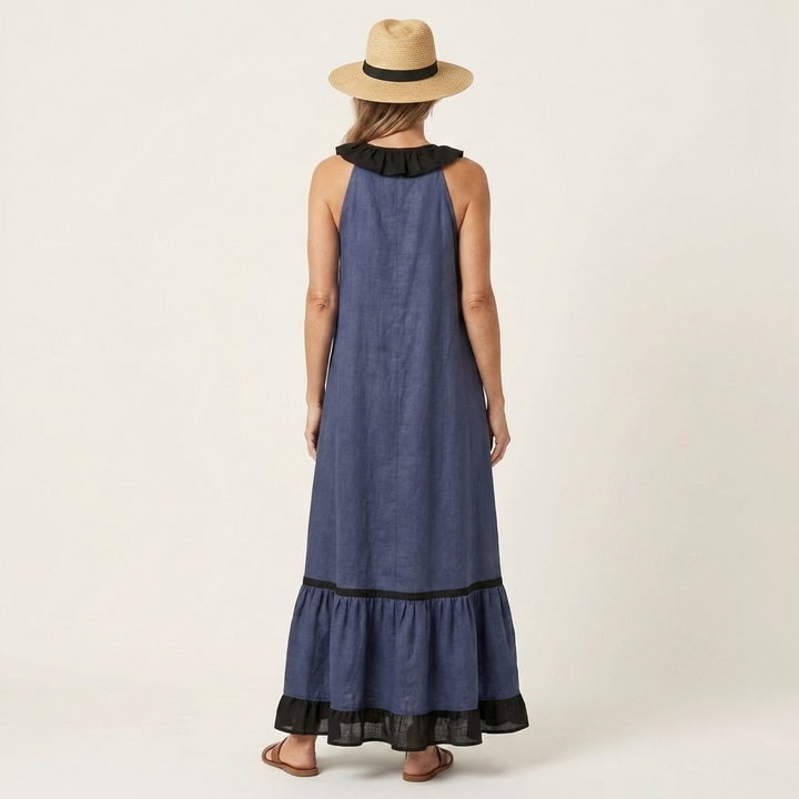 Janke ärmelloses Maxikleid mit Rüschen und Kontrastbesatz
