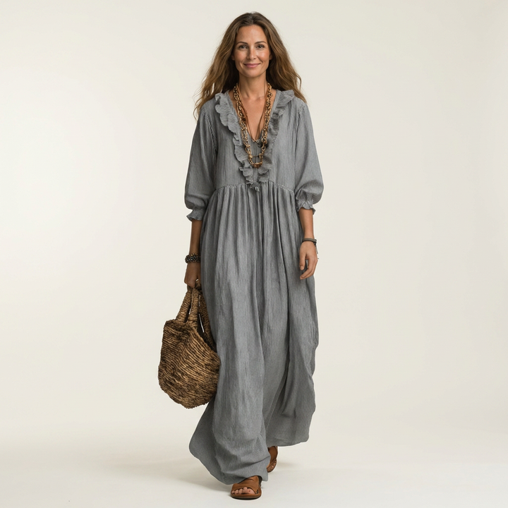 Willemien Maxi-Kleid mit Rüsche-Ausschnitt und Laternenärmeln