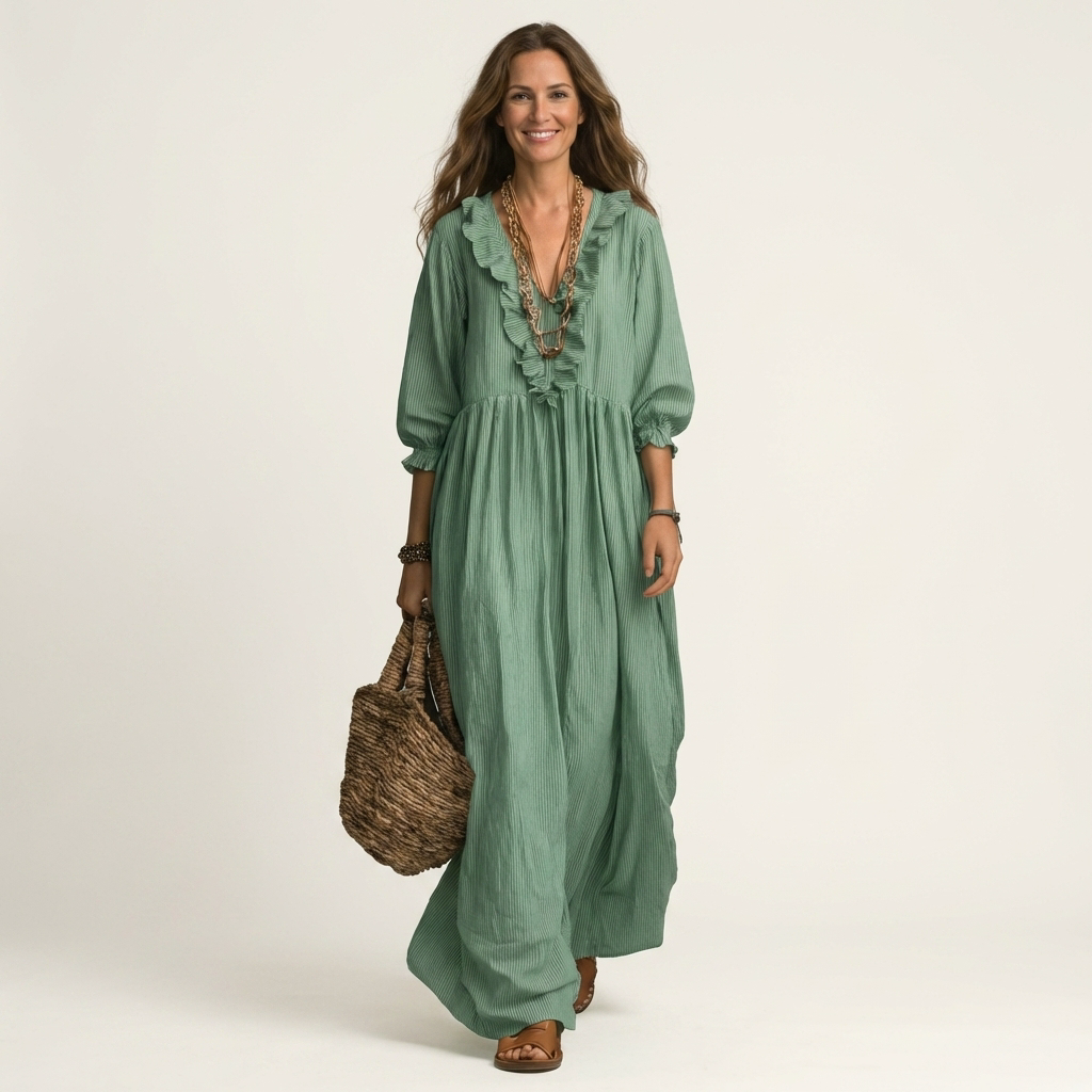 Willemien Maxi-Kleid mit Rüsche-Ausschnitt und Laternenärmeln
