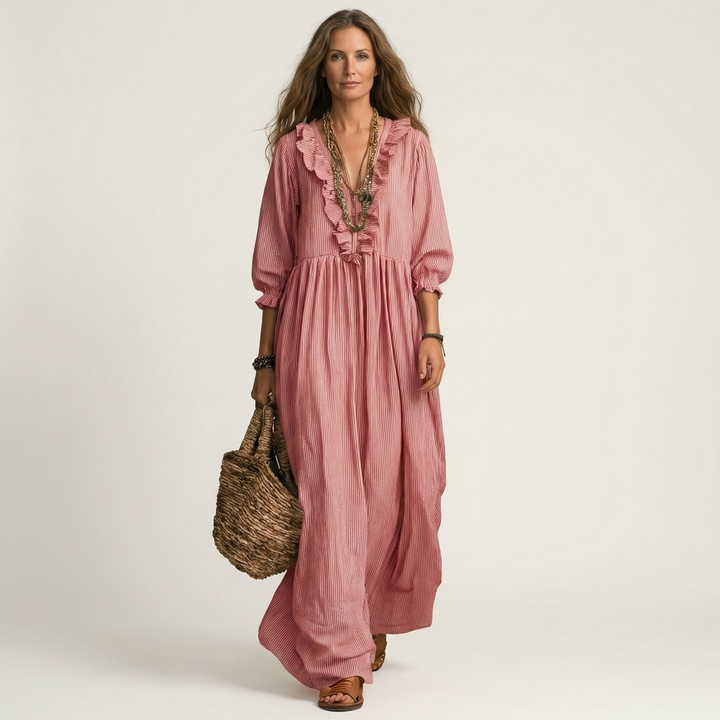 Willemien Maxi-Kleid mit Rüsche-Ausschnitt und Laternenärmeln