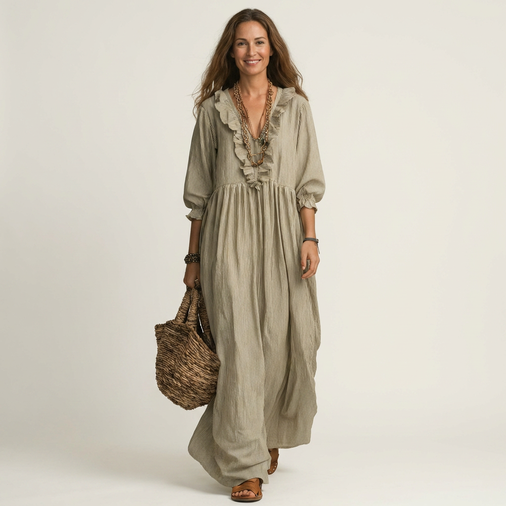Willemien Maxi-Kleid mit Rüsche-Ausschnitt und Laternenärmeln