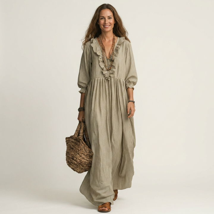 Willemien Maxi-Kleid mit Rüsche-Ausschnitt und Laternenärmeln