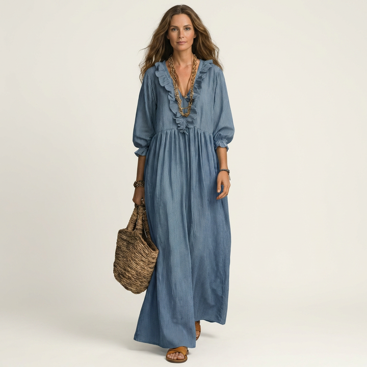 Willemien Maxi-Kleid mit Rüsche-Ausschnitt und Laternenärmeln