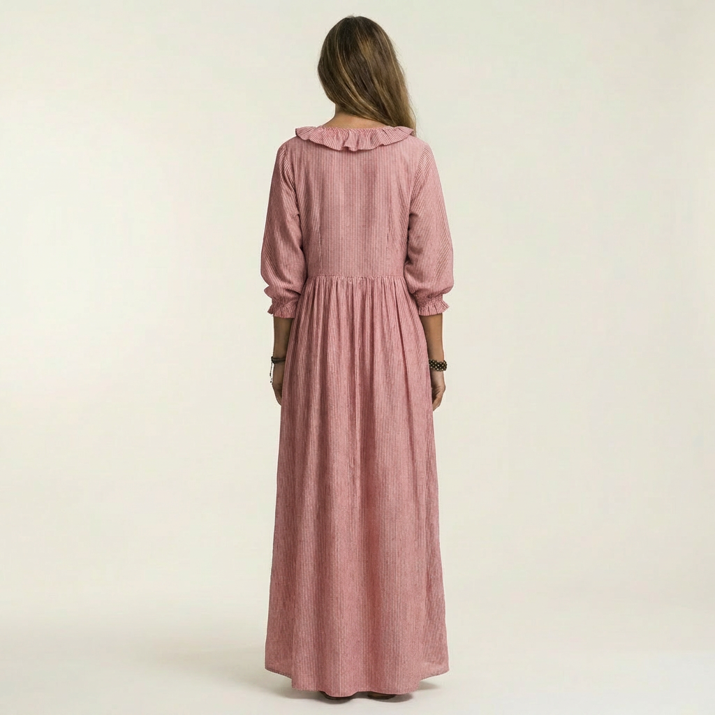 Willemien Maxi-Kleid mit Rüsche-Ausschnitt und Laternenärmeln
