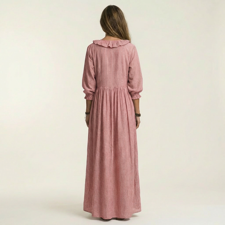 Willemien Maxi-Kleid mit Rüsche-Ausschnitt und Laternenärmeln