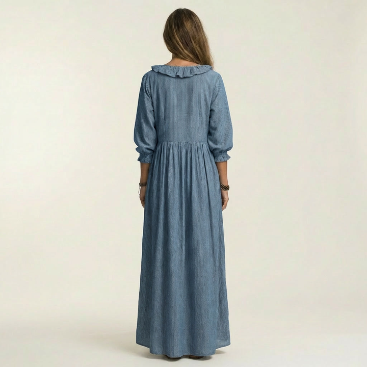 Willemien Maxi-Kleid mit Rüsche-Ausschnitt und Laternenärmeln