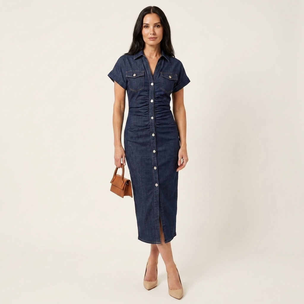 Maya | Midi Bodycon Kleid aus Denim mit Knopfverschluss vorne