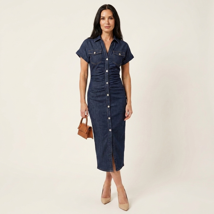 Maya | Midi Bodycon Kleid aus Denim mit Knopfverschluss vorne