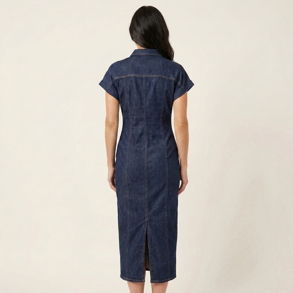 Maya | Midi Bodycon Kleid aus Denim mit Knopfverschluss vorne