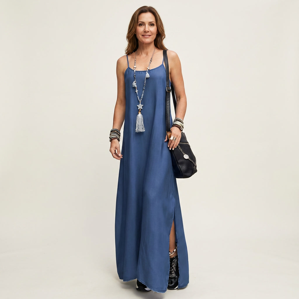 Azure | Maxikleid aus Denim mit seitlichem Schlitz