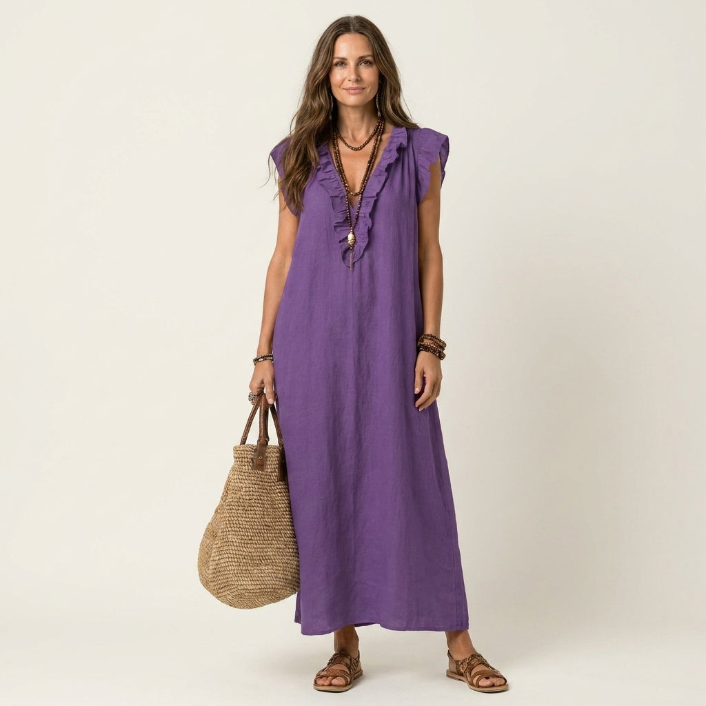 Maxi-Leinenkleid mit Volants