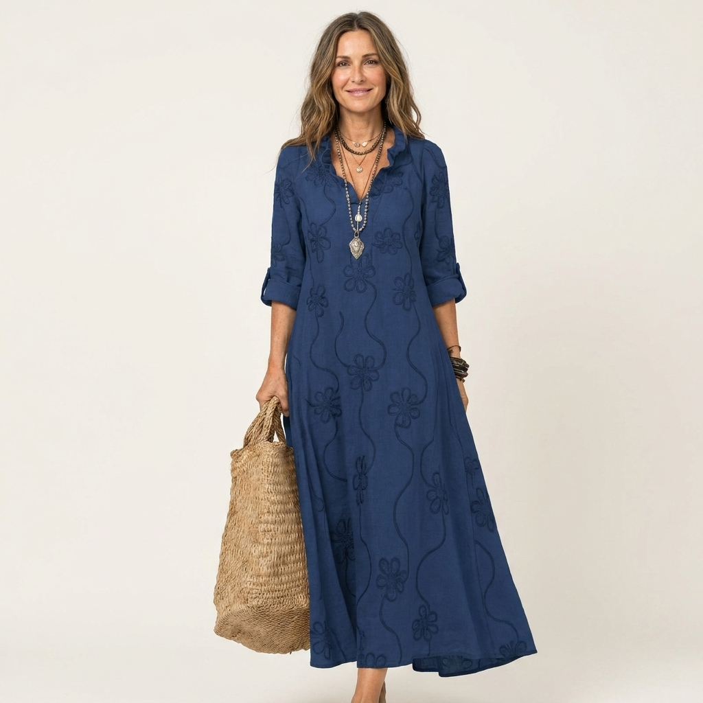 Dieuwke Maxi-Kleid mit Stickerei und Stehkragen