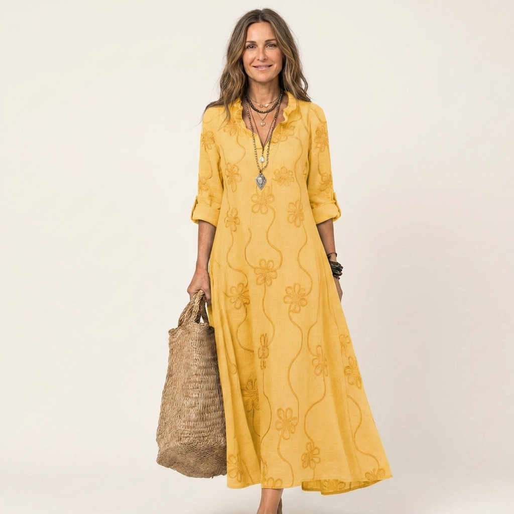 Dieuwke Maxi-Kleid mit Stickerei und Stehkragen