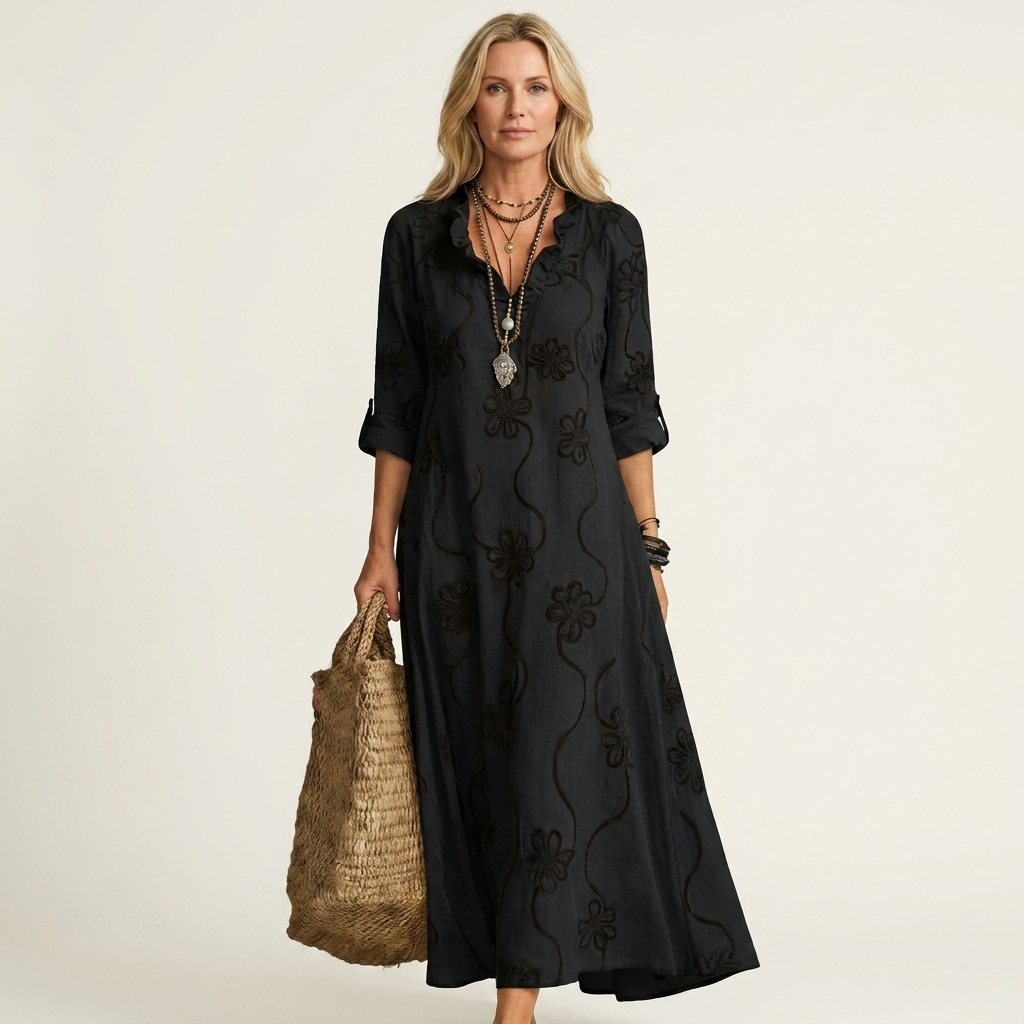 Dieuwke Maxi-Kleid mit Stickerei und Stehkragen