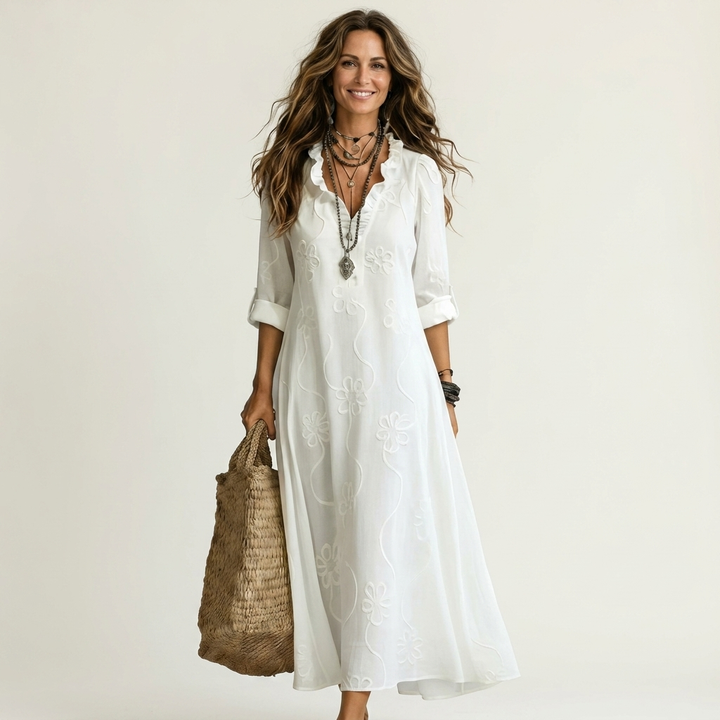 Dieuwke Maxi-Kleid mit Stickerei und Stehkragen