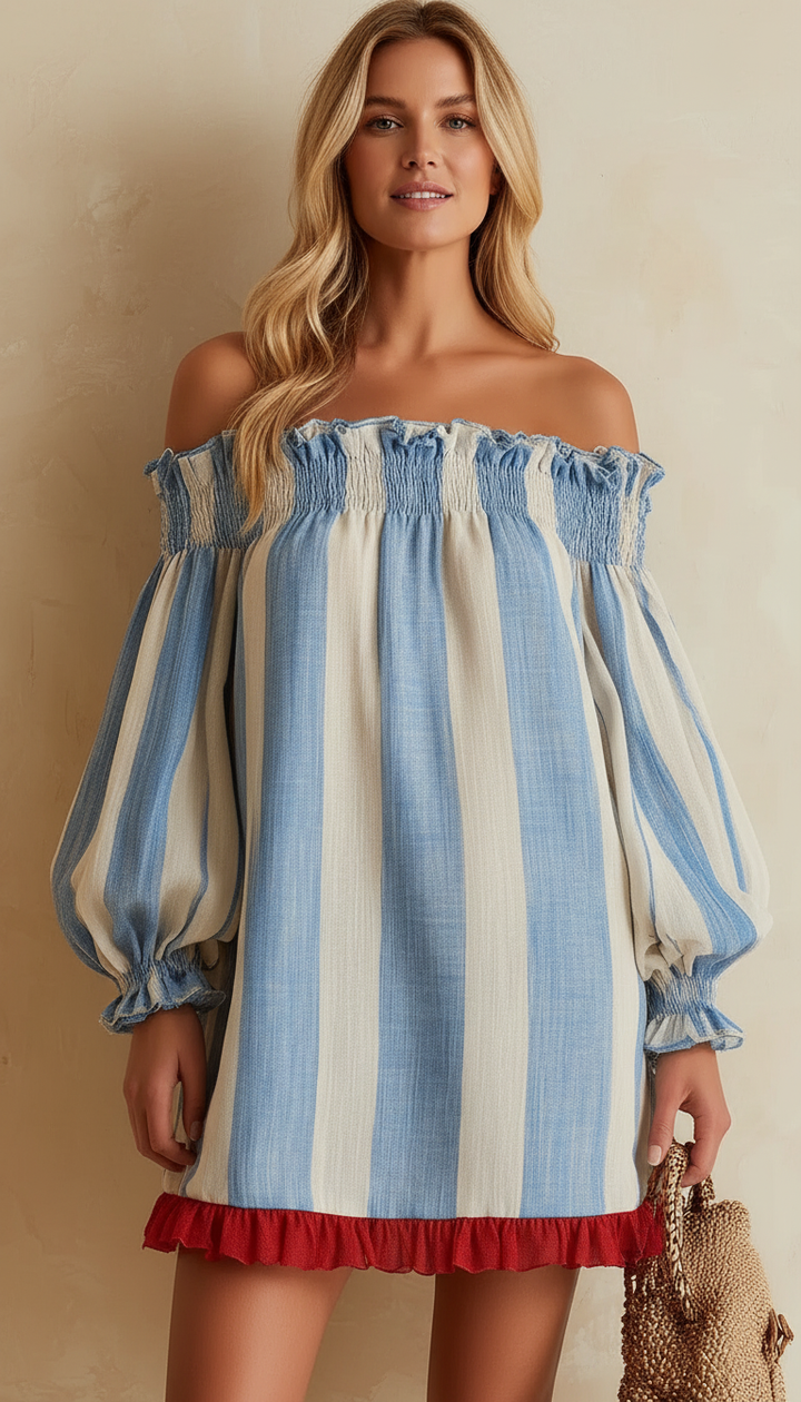 Ondine | Blau- und Weißgestreiftes Minikleid im Off-Shoulder-Stil mit kontrastierendem Saum