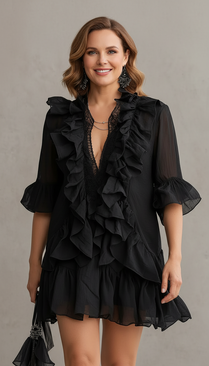 Anaïs | Schwarzes Rüschenshiffon-Minikleid