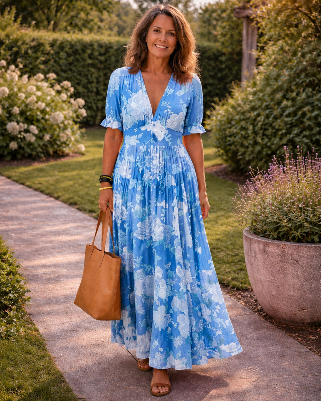 Ione | Midikleid mit kurzen Ärmeln, V-Ausschnitt und Blumendruck