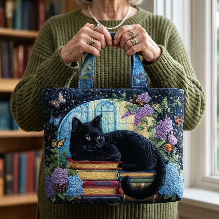 Handgefertigte Tasche - Schwarze Katze auf Büchern