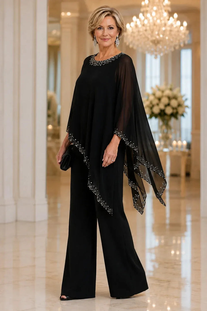 Hosenanzug mit Chiffon-Cape mit Perlen und weitem Bein