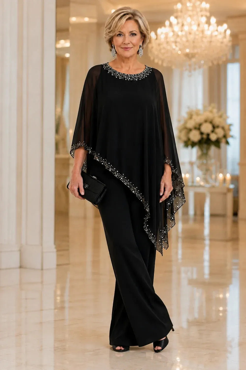 Hosenanzug mit Chiffon-Cape mit Perlen und weitem Bein