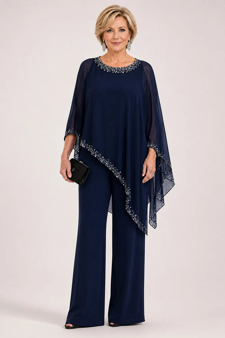Hosenanzug mit Chiffon-Cape mit Perlen und weitem Bein