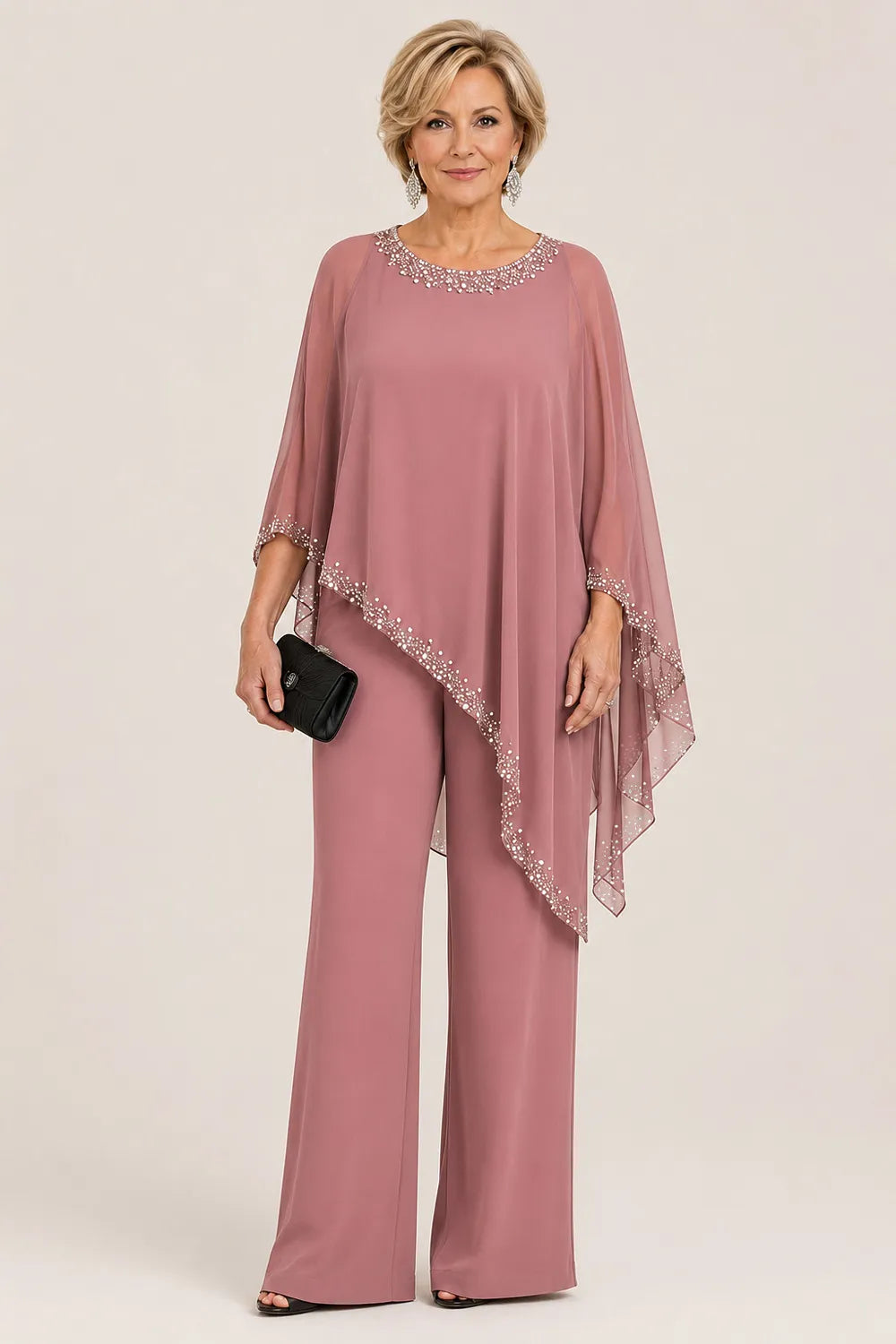 Hosenanzug mit Chiffon-Cape mit Perlen und weitem Bein