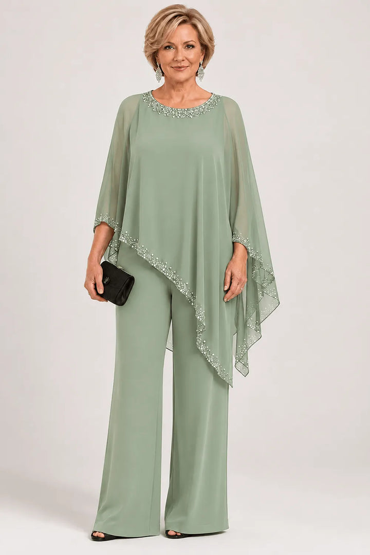 Hosenanzug mit Chiffon-Cape mit Perlen und weitem Bein