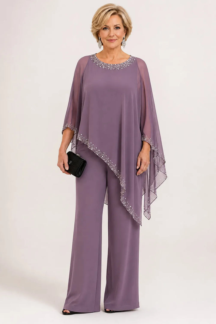 Hosenanzug mit Chiffon-Cape mit Perlen und weitem Bein